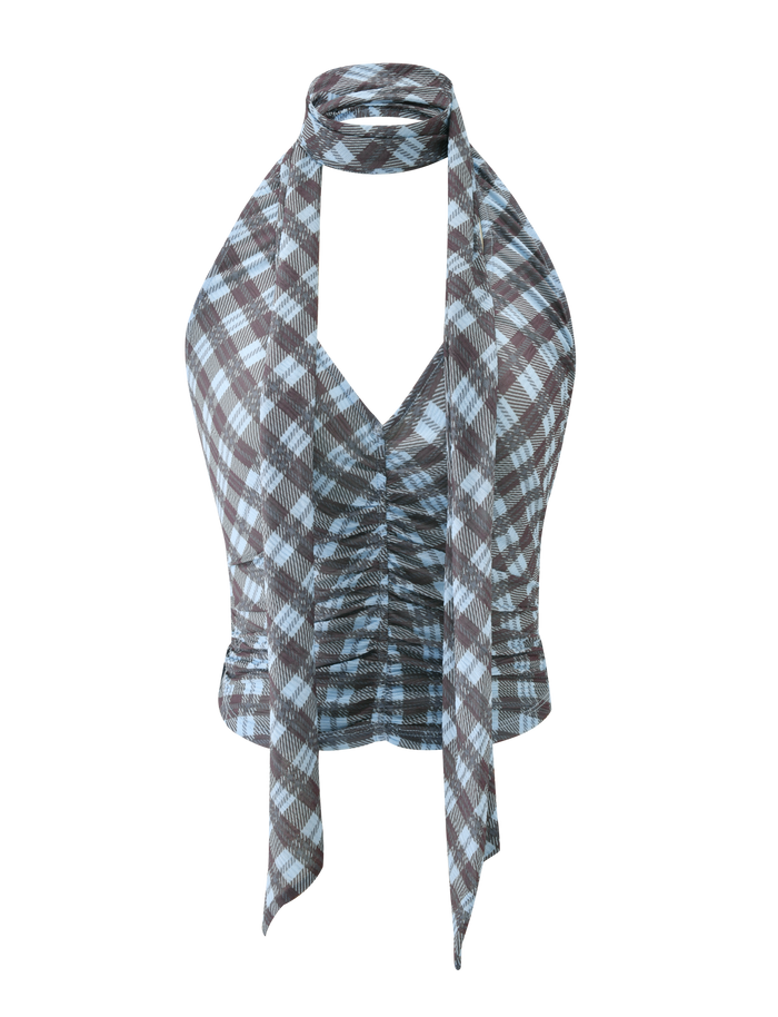 The TIGERMIST NOBLE TOP - BLUE CHECK is a sleeveless halter neck top with a ruched front, blue check pattern, and an attached matching scarf that wraps elegantly around the neck.