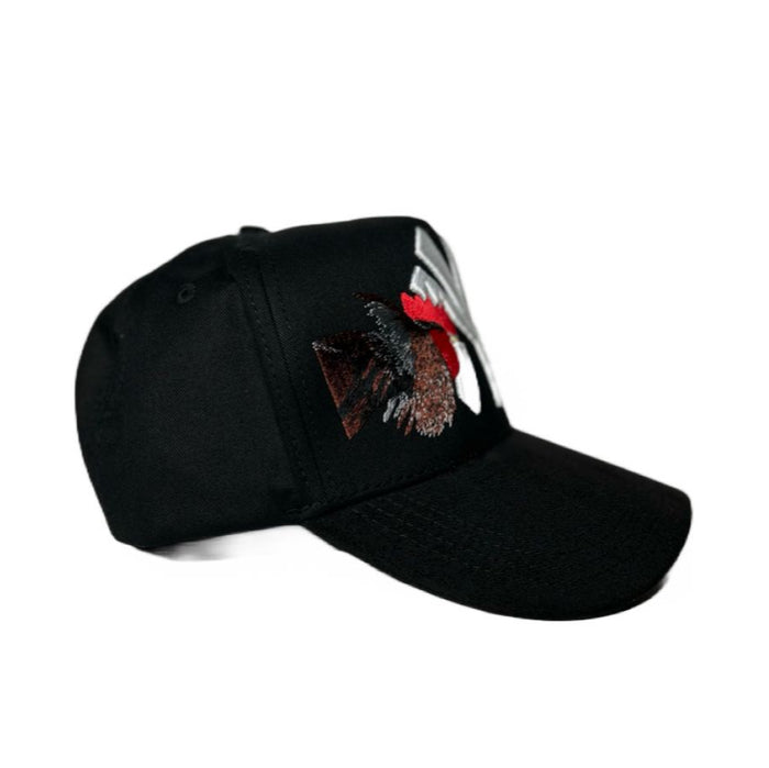 NY Double Rooster Black Embroidered Trucker Hat