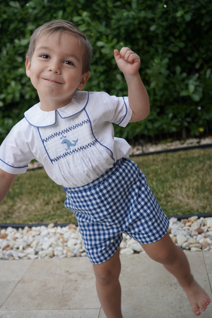 Ocean Gingham Handsmocked Blue 2-Piece Set