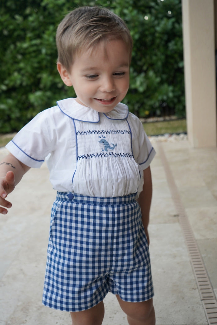 Ocean Gingham Handsmocked Blue 2-Piece Set