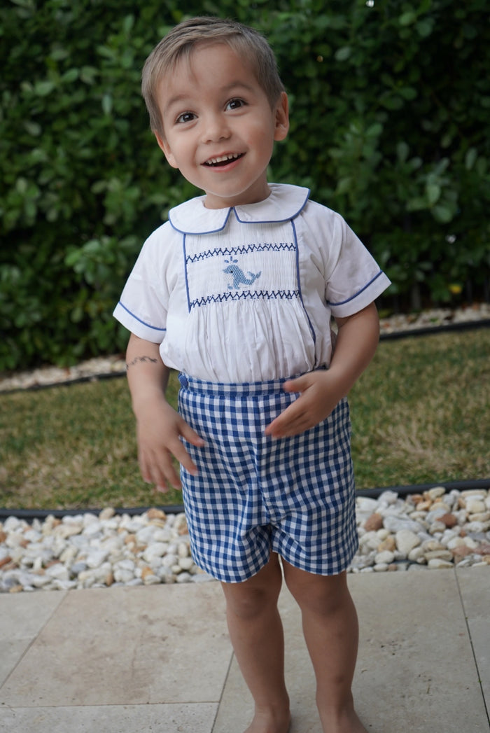 Ocean Gingham Handsmocked Blue 2-Piece Set