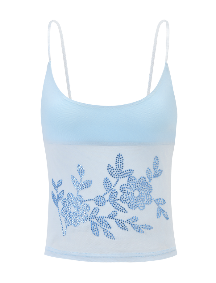 The CL - OCTAVIA TOP by tigermist-twp-dev is a light blue spaghetti strap crop top with a sheer front panel embroidered with blue florals.
