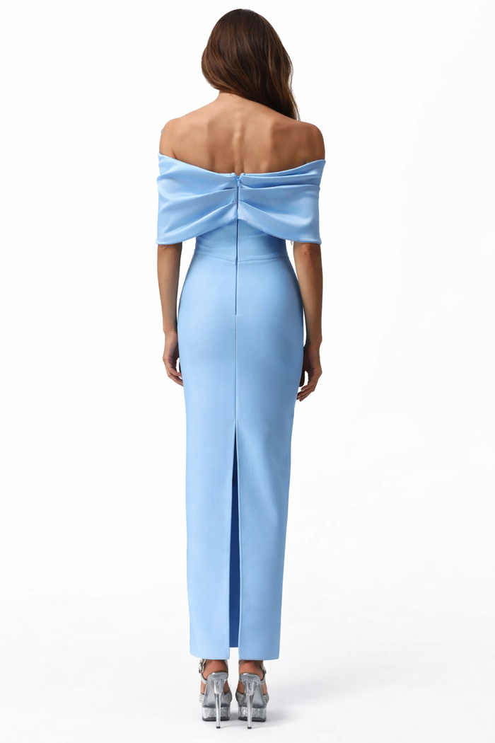 off-shoulder column maxi dress with sculpted bow detail – ELZIADY