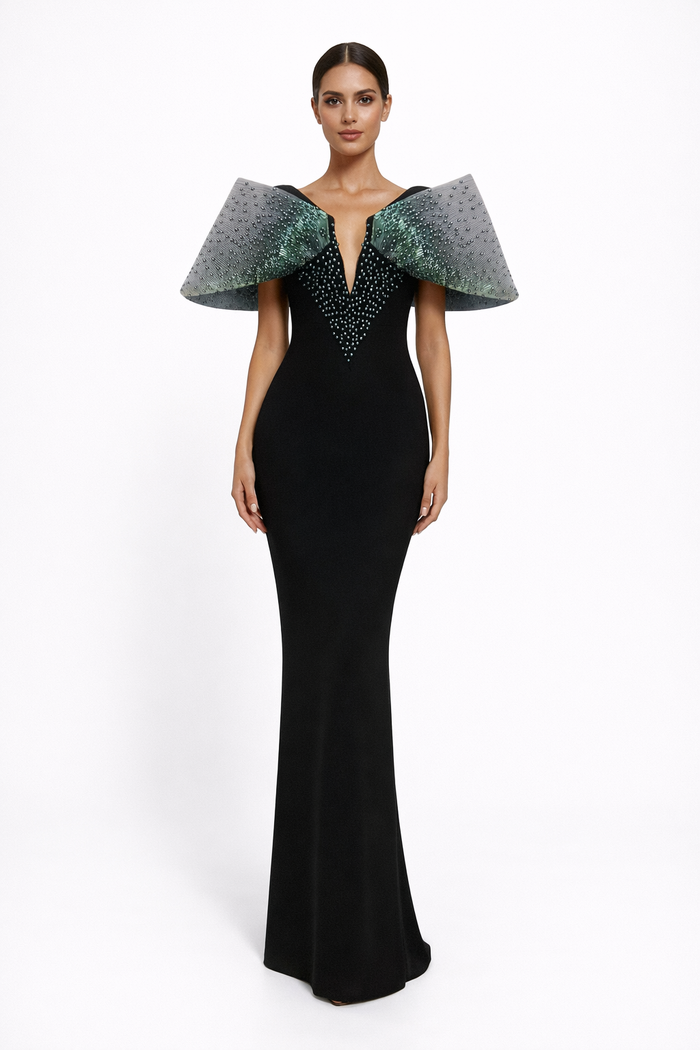 off-shoulder pearl-embellished column gown with deep V neckline – PEARL