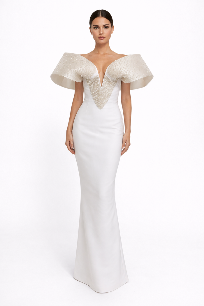 off-shoulder pearl-embellished column gown with deep V neckline – PEARL