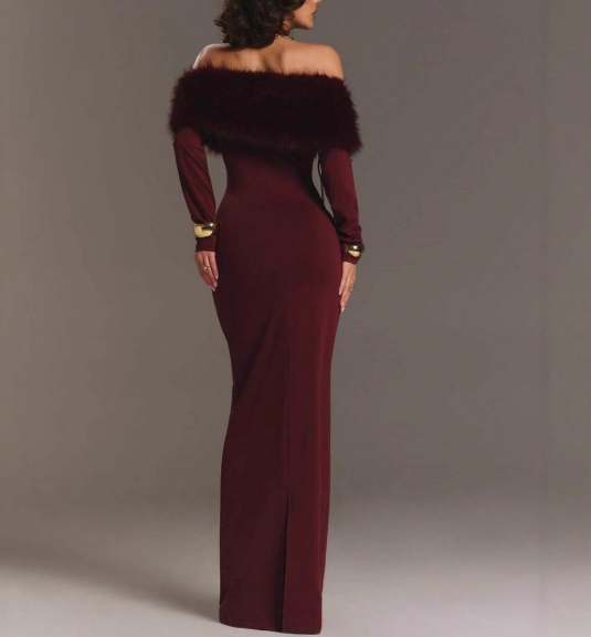 off-shoulder velvet maxi dress with feather trim – VELOZIR