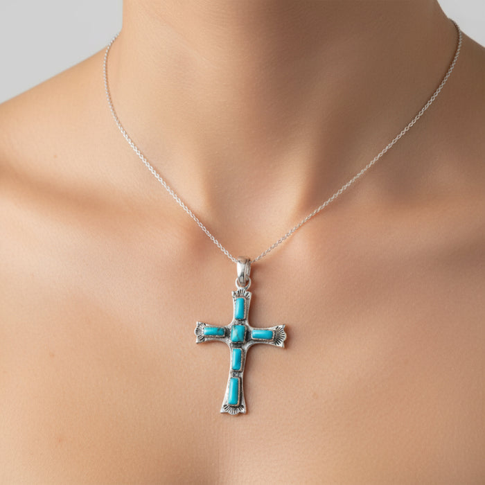 oxidized turquoise cross pendant