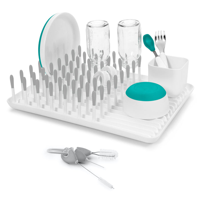White drying rack with baby accessories for Oxo Tot Easy Cups and Toshi Baby Romper