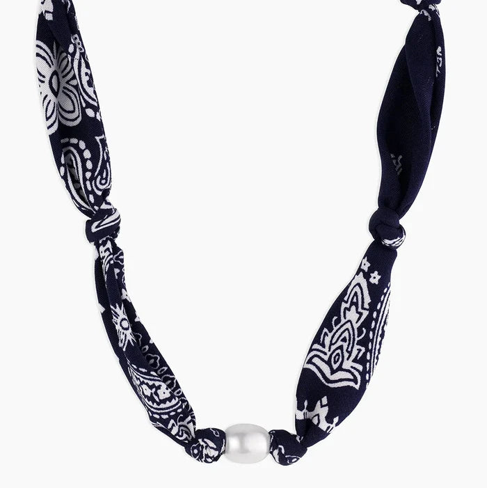 Paisley Bandana Pearl Necklace- Gold/Navy
