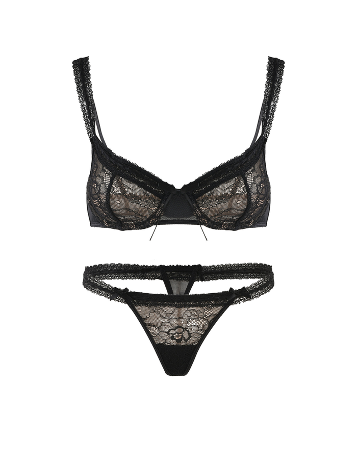 The TIGERMIST PANDORA SET - BLACK is a lace lingerie set with an adjustable bra, thin straps, and matching panties, both decorated with floral lace patterns and bow accents.