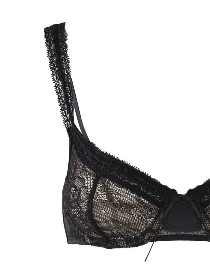 A close-up of the TIGERMIST PANDORA SET - BLACK shows a black lace bra with sheer floral fabric, adjustable straps, scalloped edges, and a center bow, photographed against a white background.
