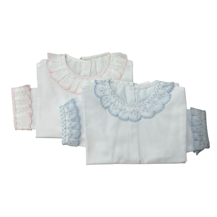 Paola Blue or Pink Cotton Shirt with ruffled collar and embroidered trim