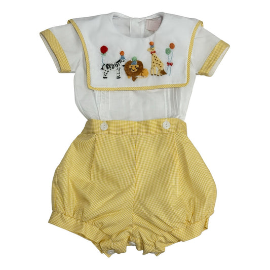 Party Animals Yellow French Knot 2-Piece Set with white embroidered shirt and yellow gingham shorts