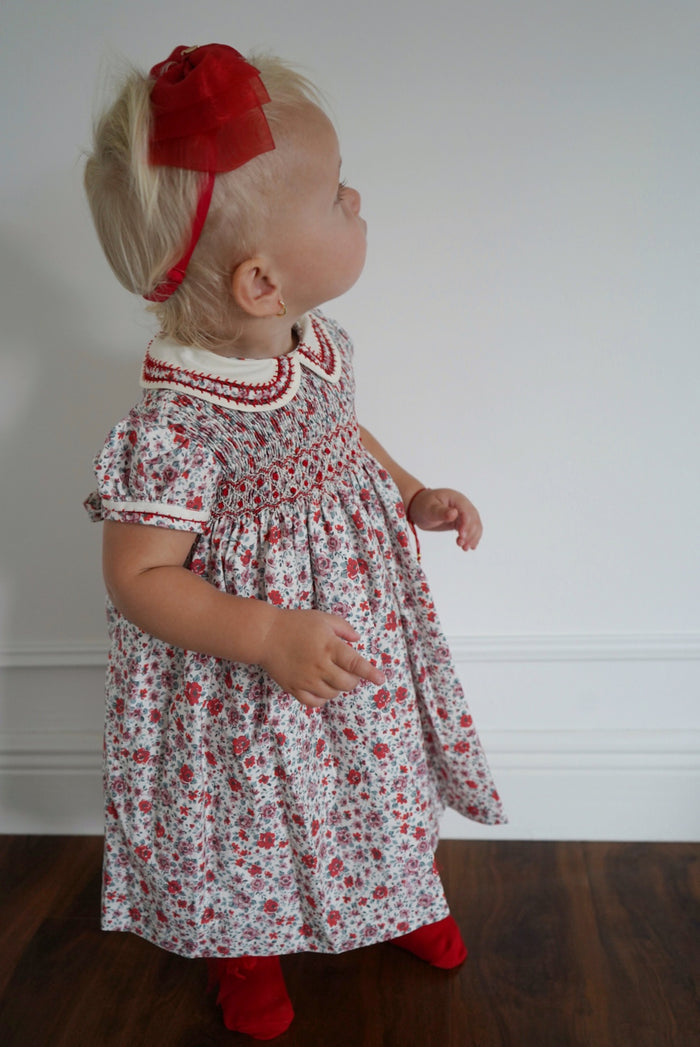 Pascuas Floral Red Handsmocked Girl Dress