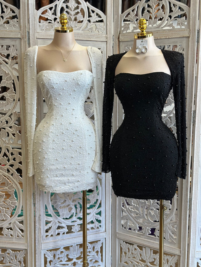 Pearl Embellished Square Neck Mini Dress- Stretchy ,Estira