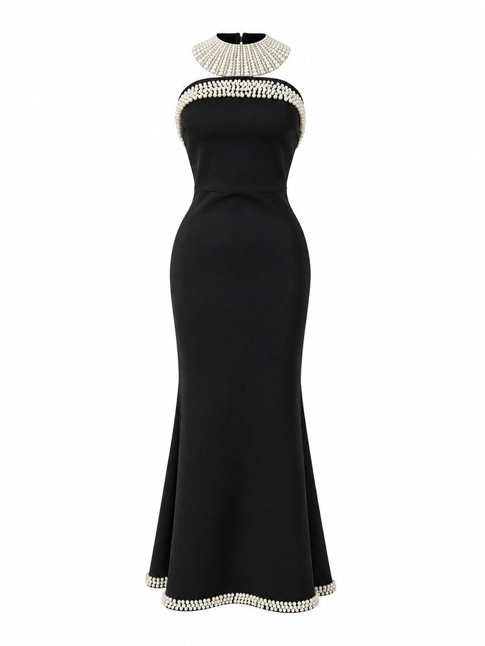 Pearl Trim Halter Mermaid Dress - Luxex