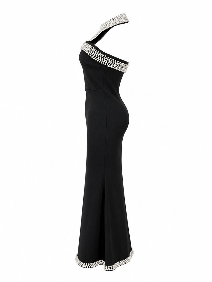 Pearl Trim Halter Mermaid Dress - Luxex
