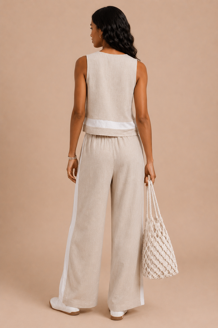 Woman wearing a beige sleeveless top and wide-leg pants, holding a white mesh bag on a beige background.