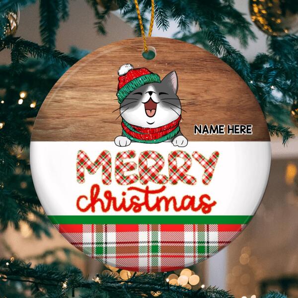 Personalised Merry Christmas Plaid Circle Ceramic Ornament - Personalized Cat Lovers Decorative Christmas Ornament