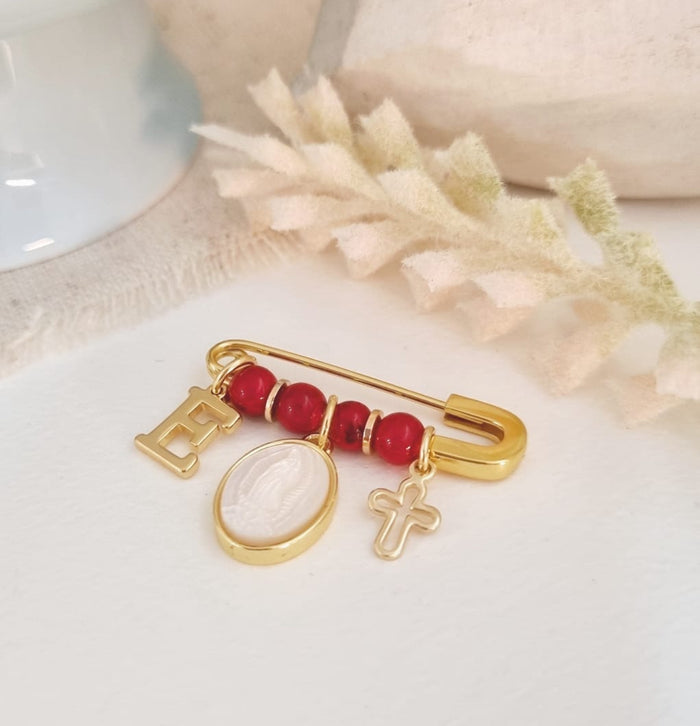 Personalized Pin Letter, Virgin, Cross, and Red Beads Baby Pin