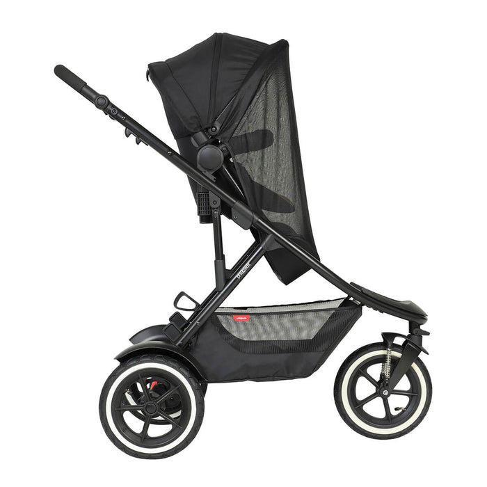 Black stroller with sunshade featuring phil&teds sport verso and toshi baby mesh cover