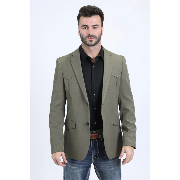 A man wearing a green double button western blazer with no visible brand logo.