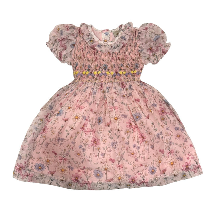 Floral Gleam Pink Handsmocked Organza Dress in soft pink floral-and-bow print