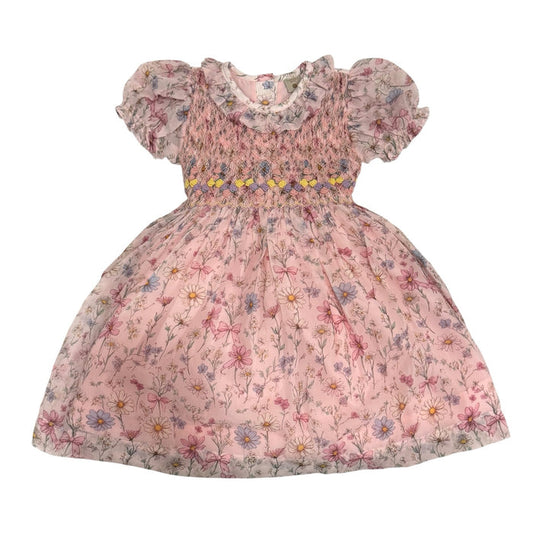 Floral Gleam Pink Handsmocked Organza Dress in soft pink floral-and-bow print