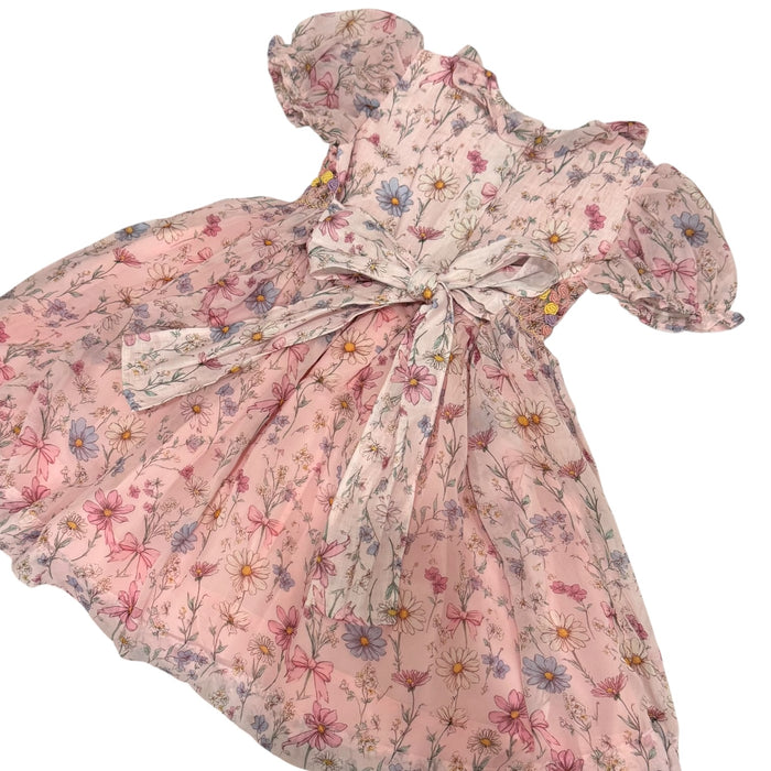 Back view of Floral Gleam Pink Handsmocked Organza Dress