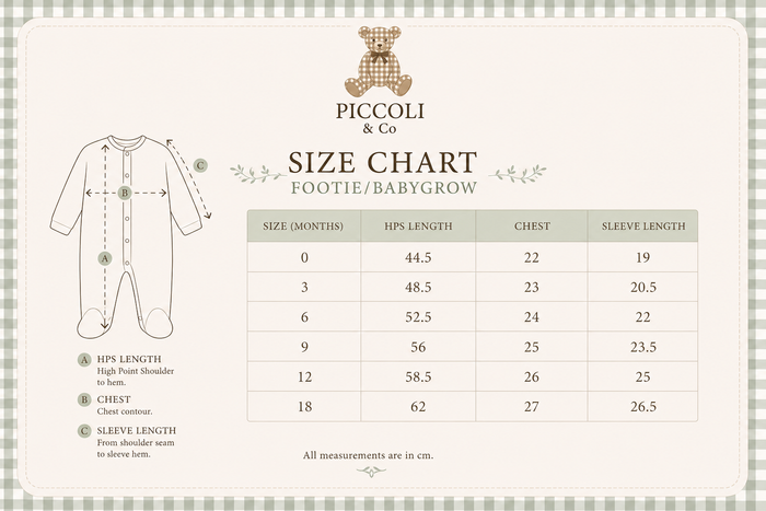Size chart for Footie / Babygrows