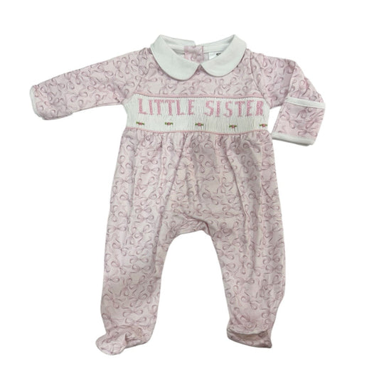Little Sister Bows Footie Babygrow in soft pink bow print with rounded white collar