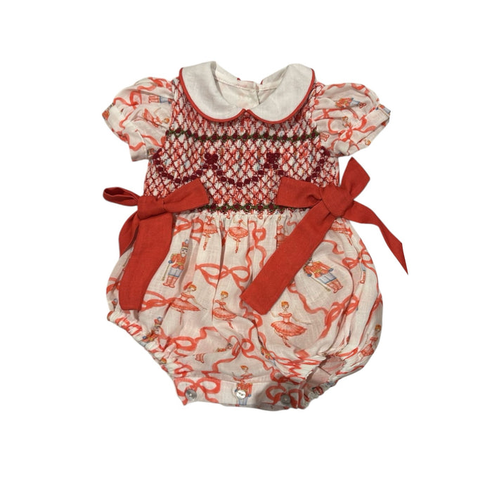 PREORDER Nutcracker Red Bow Coquette Handsmocked Romper