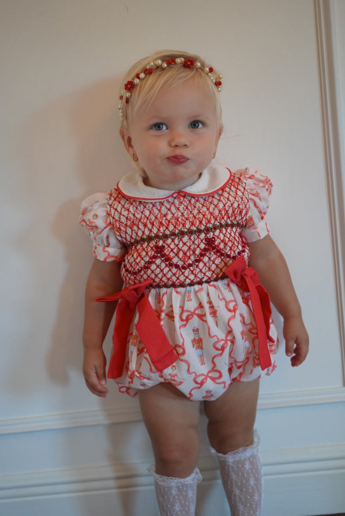 PREORDER Nutcracker Red Bow Coquette Handsmocked Romper