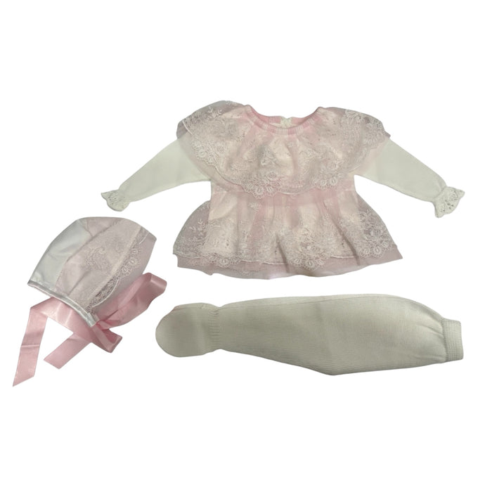 Sisi Tulle 3-Piece Pink Knitted Set with pink lace detailing, bonnet and coordinating pants
