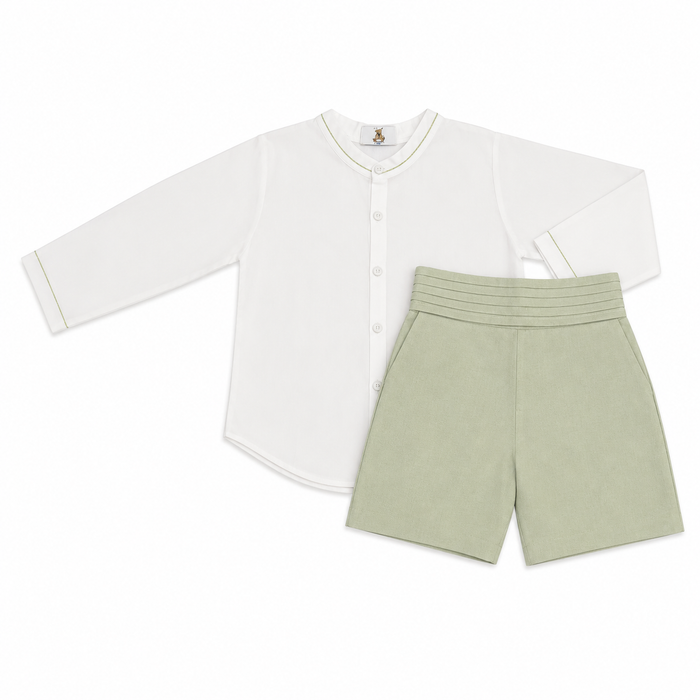 TPWC Page Boy 2-piece long-sleeve set with ivory linen shirt and tailored sage green shorts