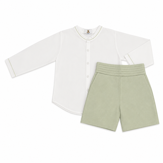 TPWC Page Boy 2-piece long-sleeve set with ivory linen shirt and tailored sage green shorts