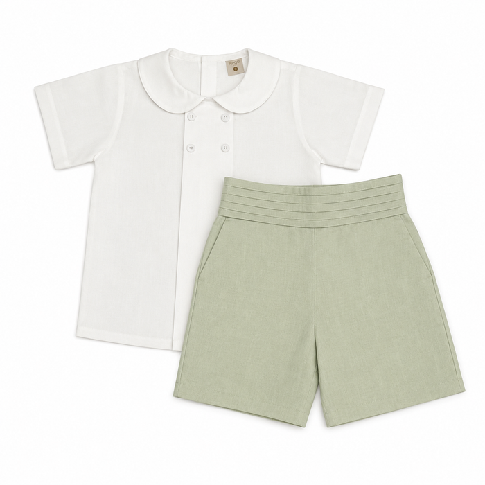 TPWC Page Boy 2-piece set with ivory short-sleeve shirt and tailored sage green shorts