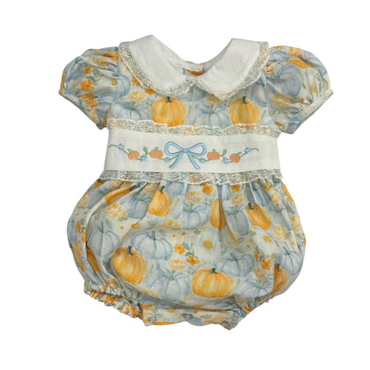 Pumpkin Orange and Light Blue Embroidered Romper