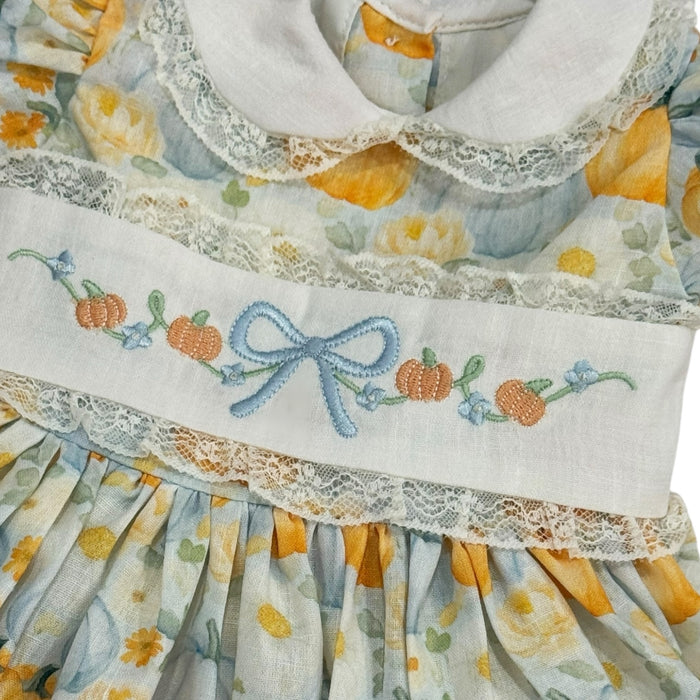 Pumpkin Orange and Light Blue Embroidered Romper