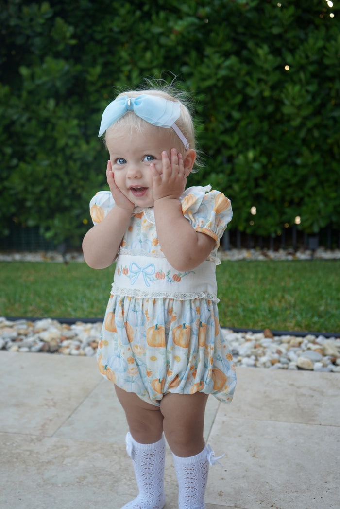 Pumpkin Orange and Light Blue Embroidered Romper