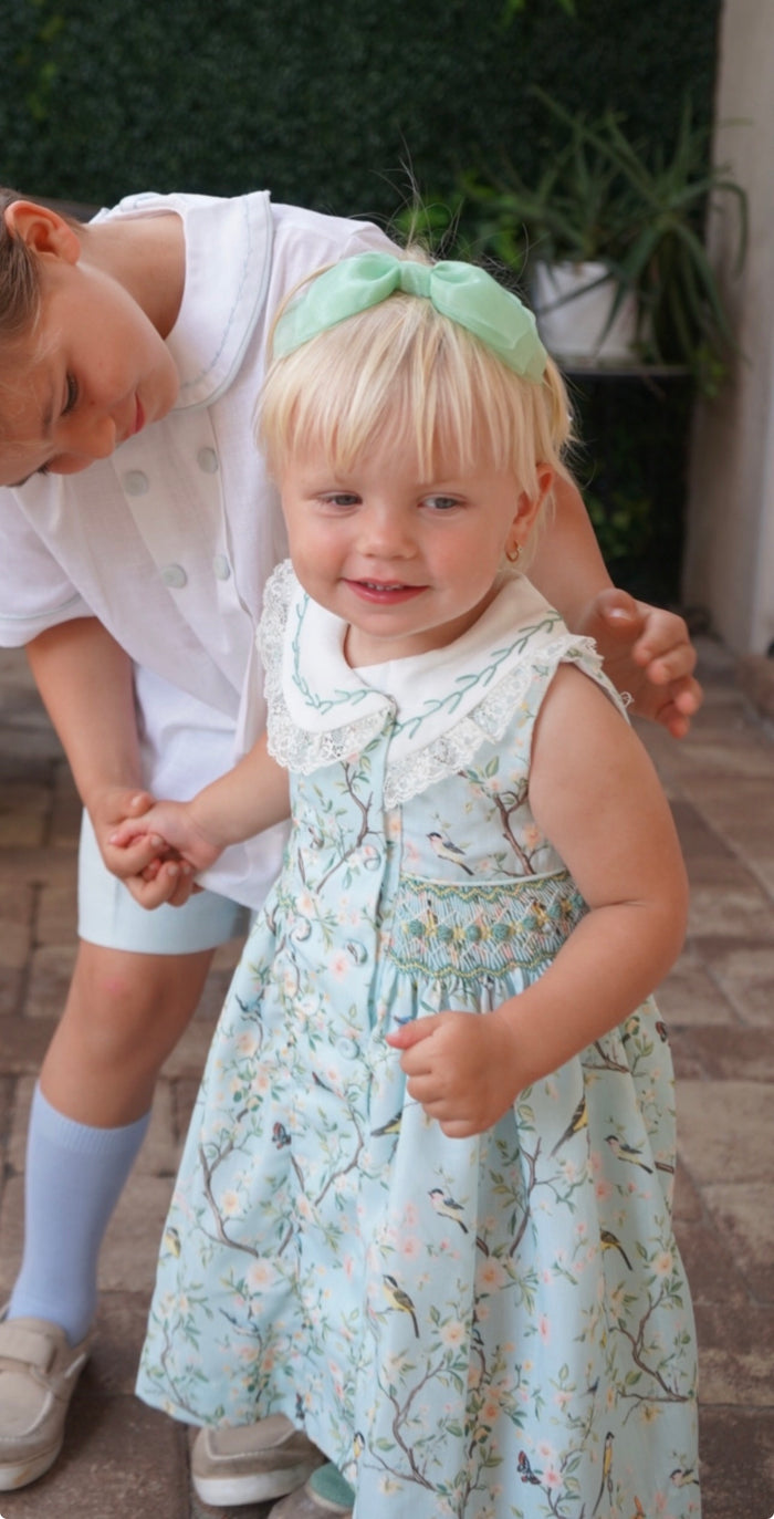 Ramona Birds Blue Handsmocked Sleeveless Dress