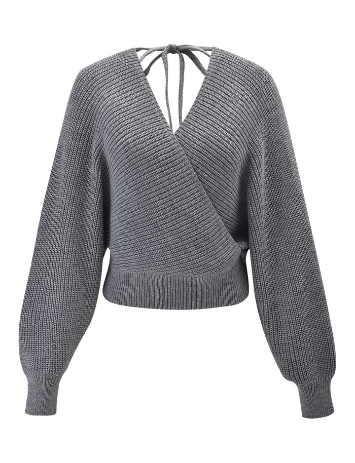 The RAVEN JUMPER - GREY by TIGERMIST is a faux wrap knit with a deep V-neck, ribbed cuffs and hem, plus crisscross tie detail at the back—delivering cozy style to your wardrobe.
