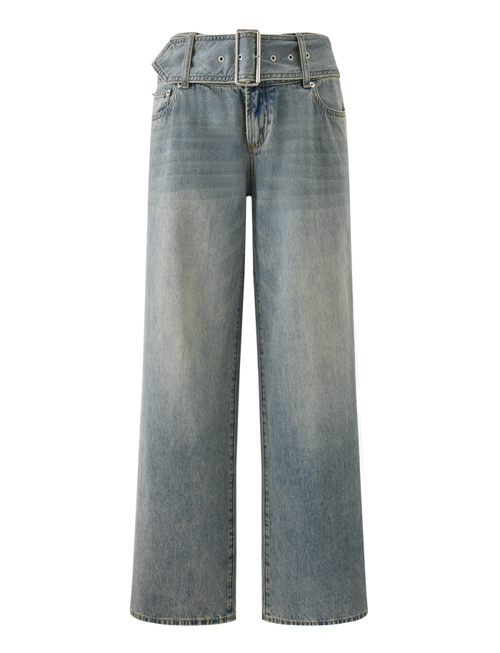The REEF JEAN - LIGHTWASH by TIGERMIST features wide-leg, lightwash denim with a high paperbag waist, belt loops, matching denim belt, vintage fade, front and back pockets, and a relaxed boyfriend fit.