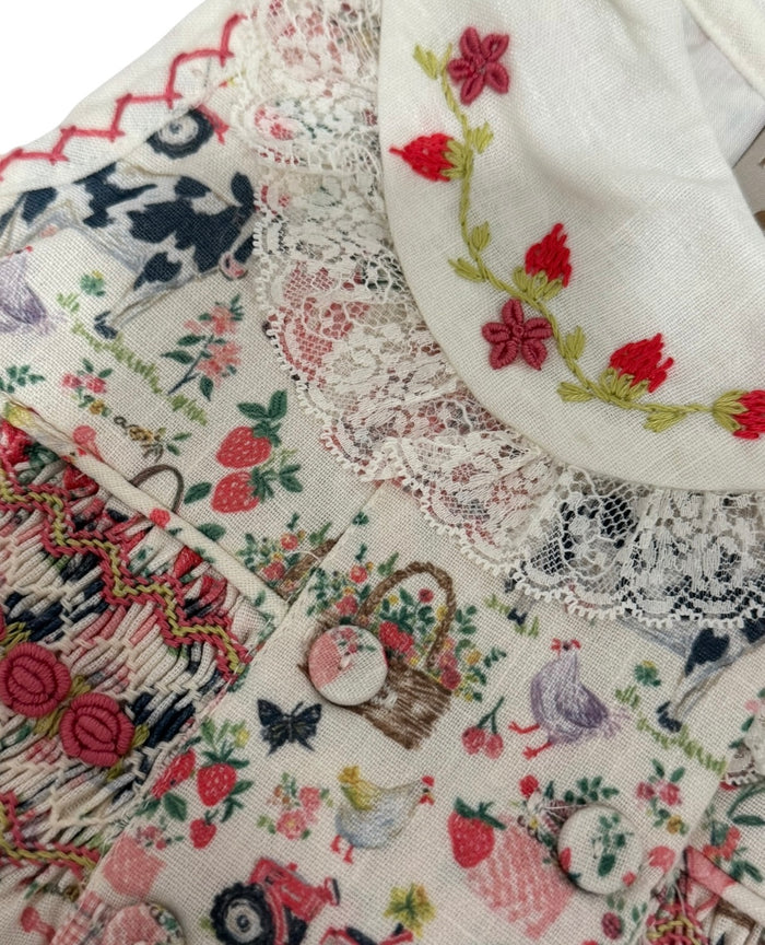 Close-up of floral print and embroidered detailing on Renata Countryside Chic Dress