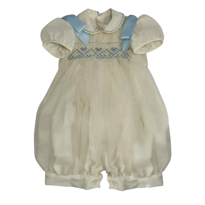 Ricardo Ivory Boy Handsmocked Romper with light blue handsmocking and rounded collar