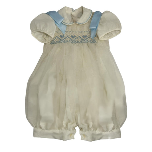 Ricardo Ivory Boy Handsmocked Romper with light blue handsmocking and rounded collar