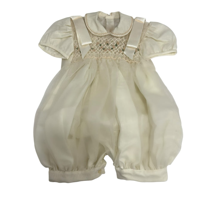 Richard II Ivory Boy Handsmocked Romper with rounded collar and delicate handsmocking