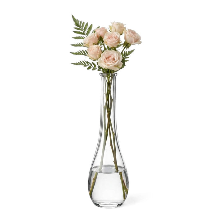 7" Clear Round Teardrop Bud Vase holding light pink roses and greenery on a white background