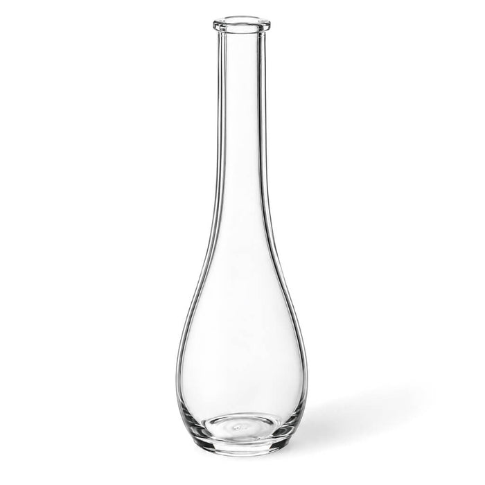 7" Clear Round Teardrop Bud Vase made of smooth transparent glass on a white background