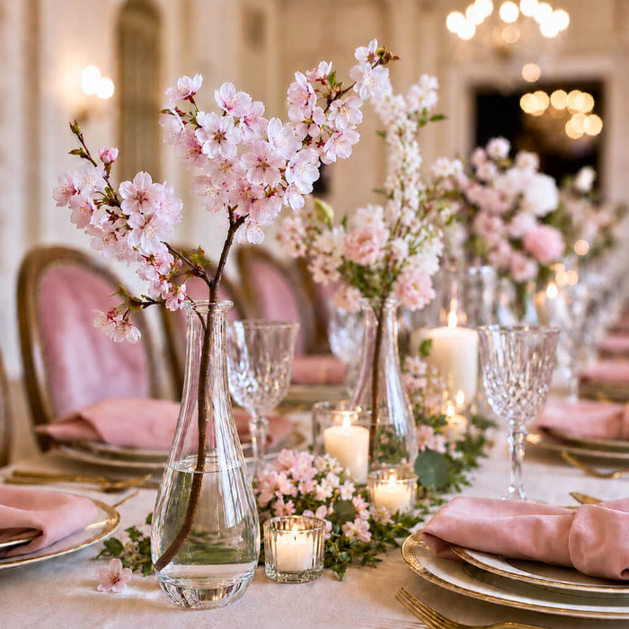 7" Clear Round Teardrop Bud Vase holding delicate pink cherry blossoms on a formal dining table